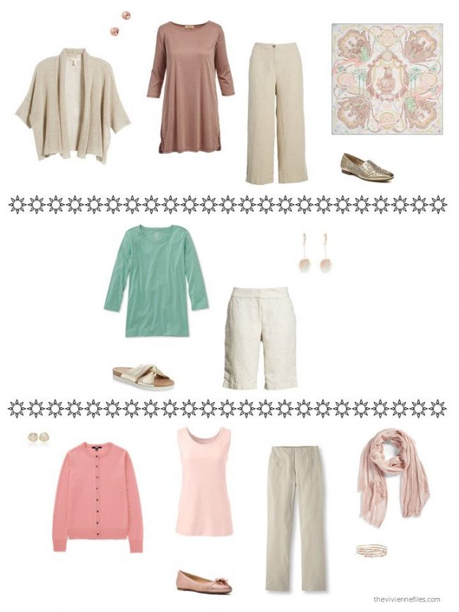 3 outfits from a beige, blush and green capsule wardrobe