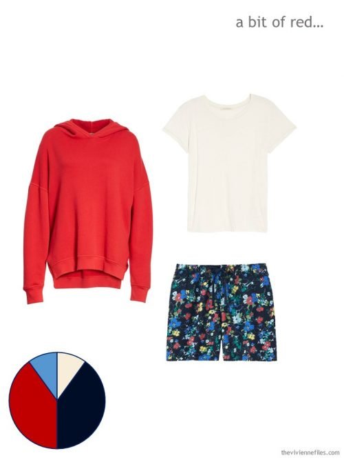 A bright summer outfit, with a red sweatshirt