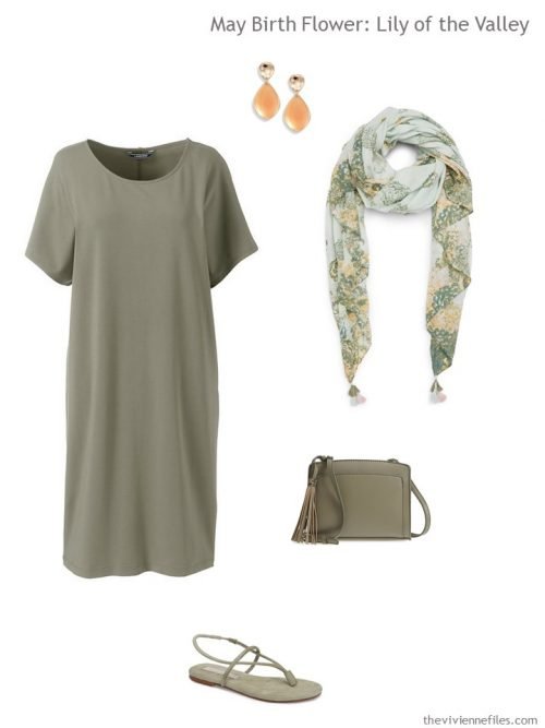 moss green dress with floral accessories