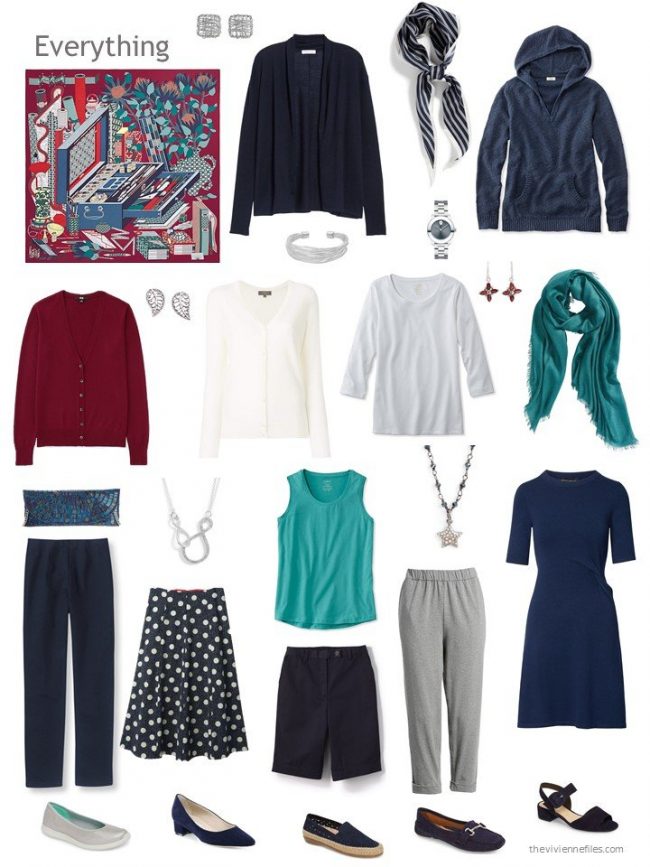 capsule wardrobe in navy with burgundy, grey and teal