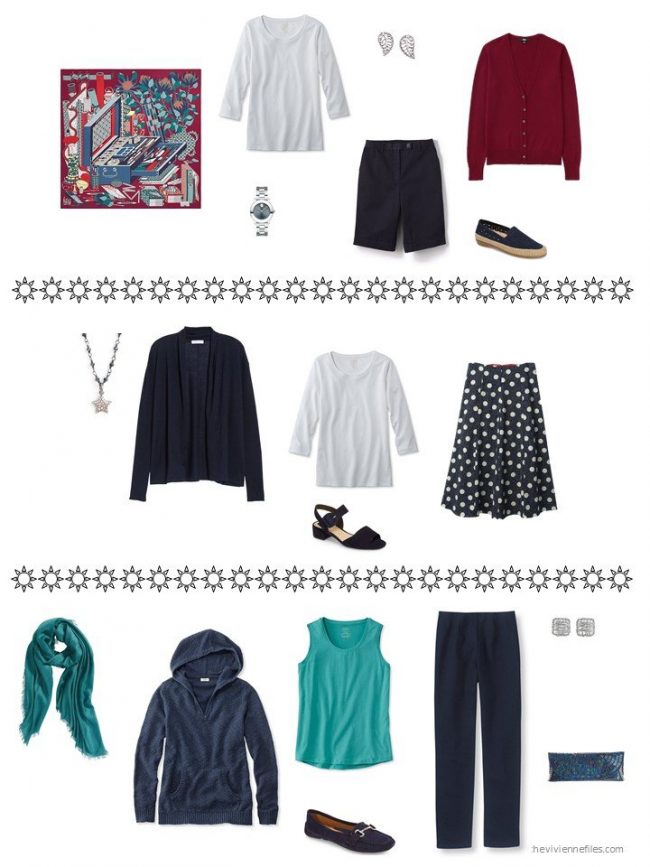 3 outfits from a capsule wardrobe based on Hermes Les Tresors d'un Artiste