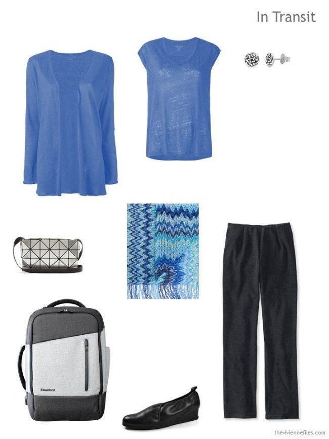 1. travel outfit in blue and black