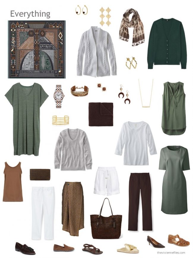 12. 12-piece capsule wardrobe in green, brown, grey and white