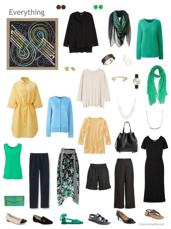 12-piece capsule wardrobe in black, yellow, green and blue