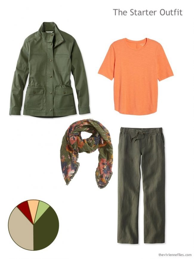 2. capsule wardrobe starter outfit in olive and orange