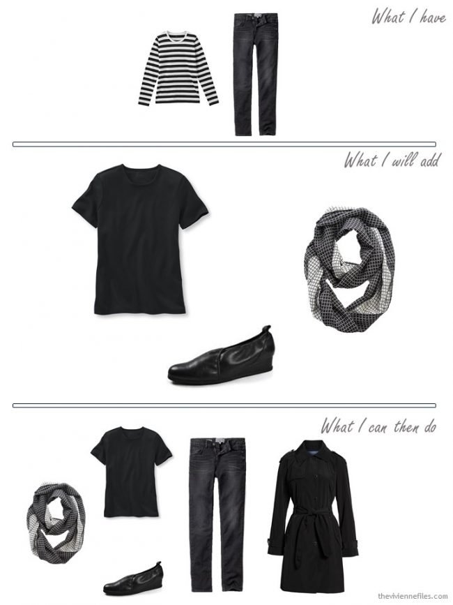 3. Adding a black tee shirt, scarf and shoes to a travel capsule wardrobe