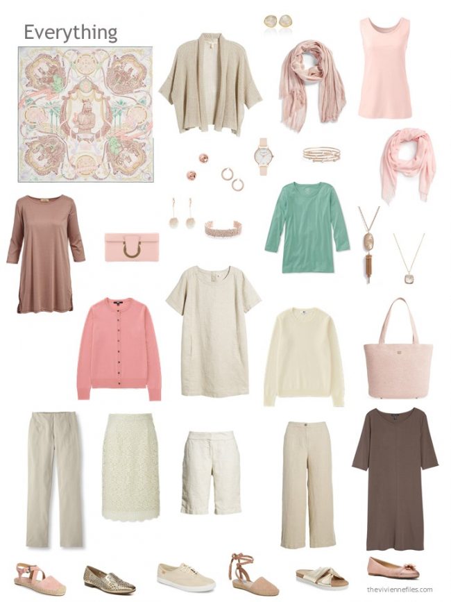 12-piece capsule wardrobe in beige, brown, rose and green