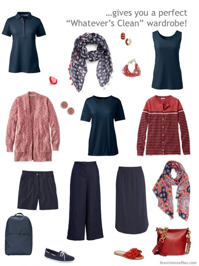 4. Whatever's Clean travel capsule wardrobe in navy, coral and white