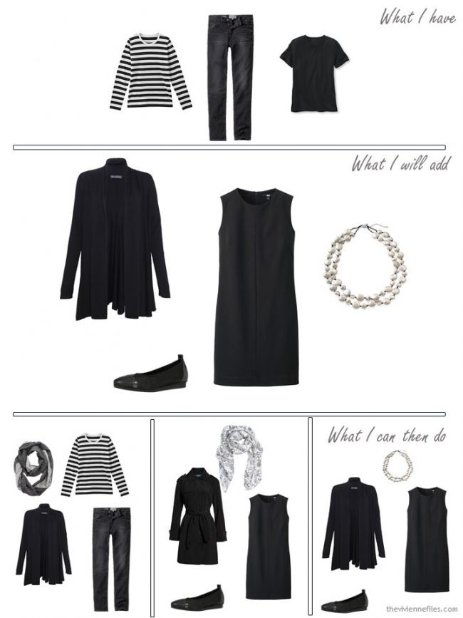 4. adding a cardigan, dress, shoes and necklace to a travel capsule wardrobe