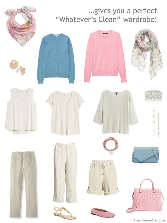 4. capsule wardrobe in beige with muted pastel accents