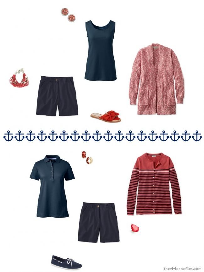 5. 2 outfits wearing navy shorts from a capsule wardrobe in navy, coral and white