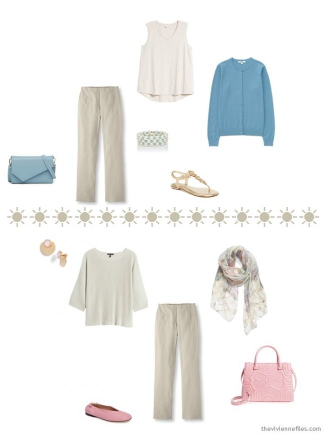 5. 2 outfits with khaki pants and muted pastel accents