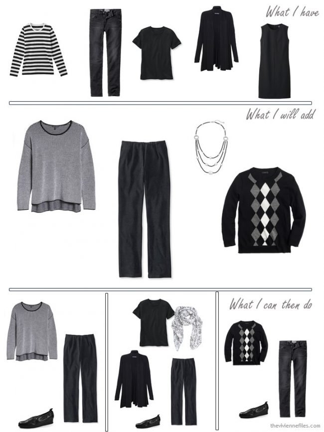 5. adding 2 sweaters, a pair of trousers and a necklace to a travel capsule wardrobe