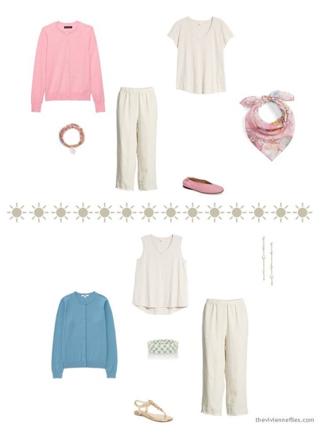 6. 2 outfits with khaki capris and muted pastel accents