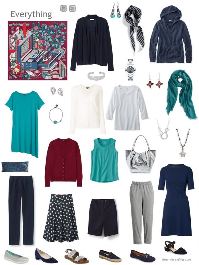 a 12-piece capsule wardrobe in navy, grey, teal and burgundy