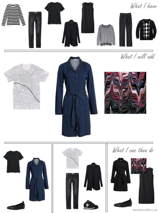 6. adding a graphic print tee, shirtdress and scarf to a travel capsule wardrobe