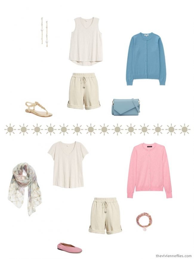 7. 2 outfits with khaki shorts and muted pastel accents