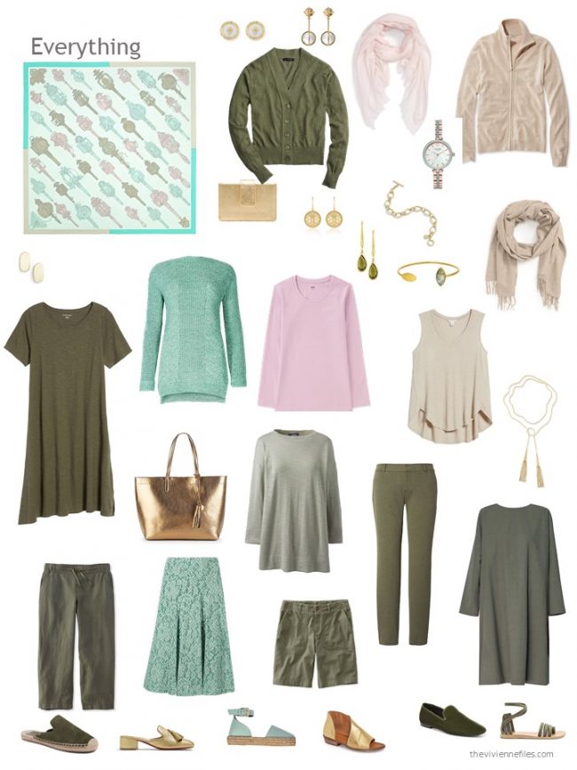 8. 12-piece capsule wardrobe in olive, camel, green and pink