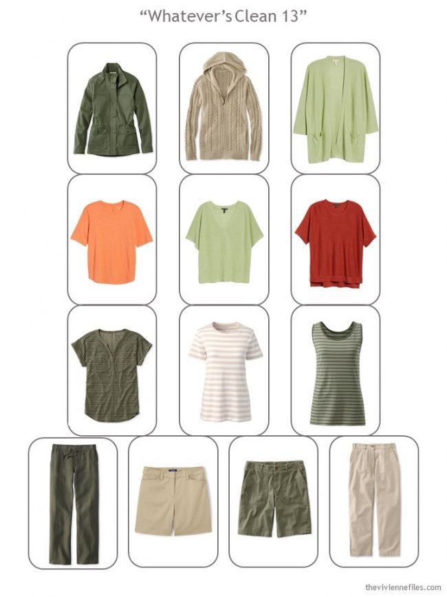 9. a complete Whatever's Clean wardrobe in olive, khaki, red and orange