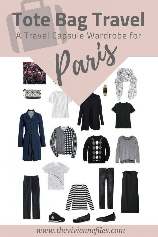 A travel capsule wardrobe for spring travel to Paris, France in black and white.