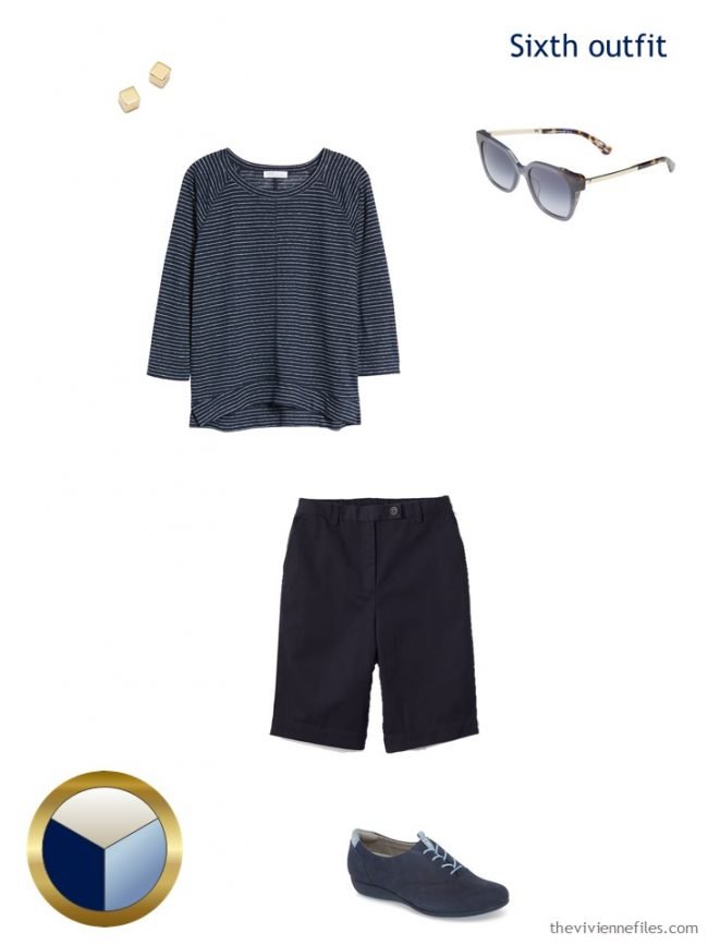 10. navy striped top and navy shorts