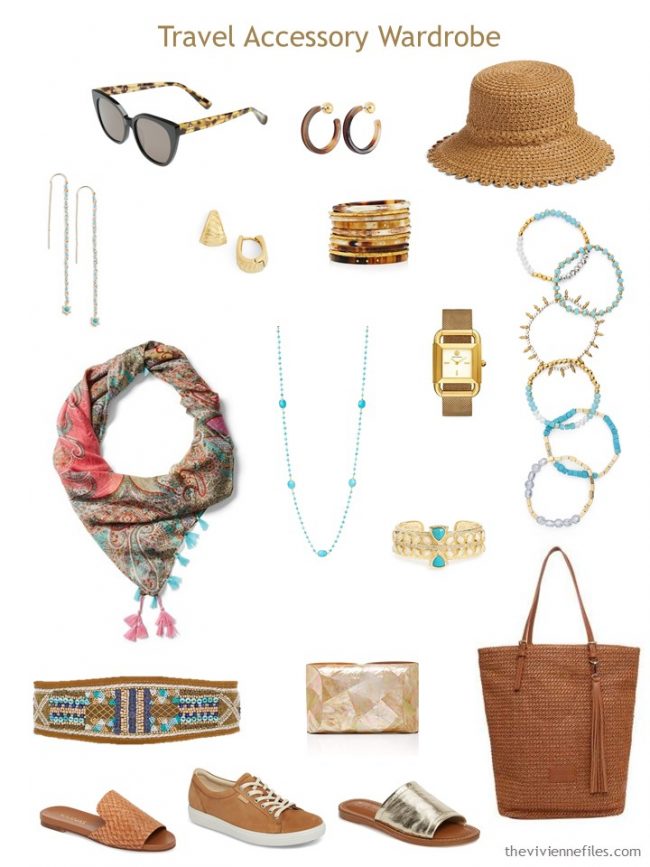 11. accessory travel capsule wardrobe in brown, gold and turquoise