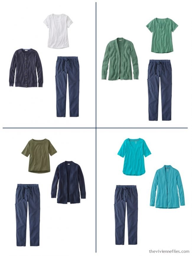 12. 4 outfits from a streamlined wardrobe in navy, olive and turquoise