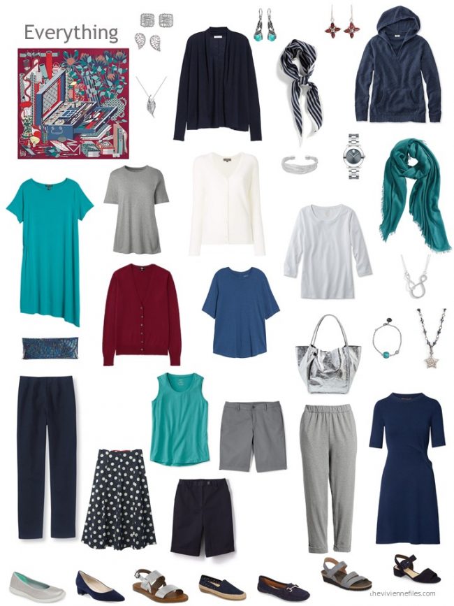 12. capsule wardrobe based on a dark red and blue Hermes scarf