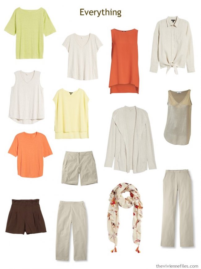 13-piece travel capsule wardrobe in beige with orange, yellow and green