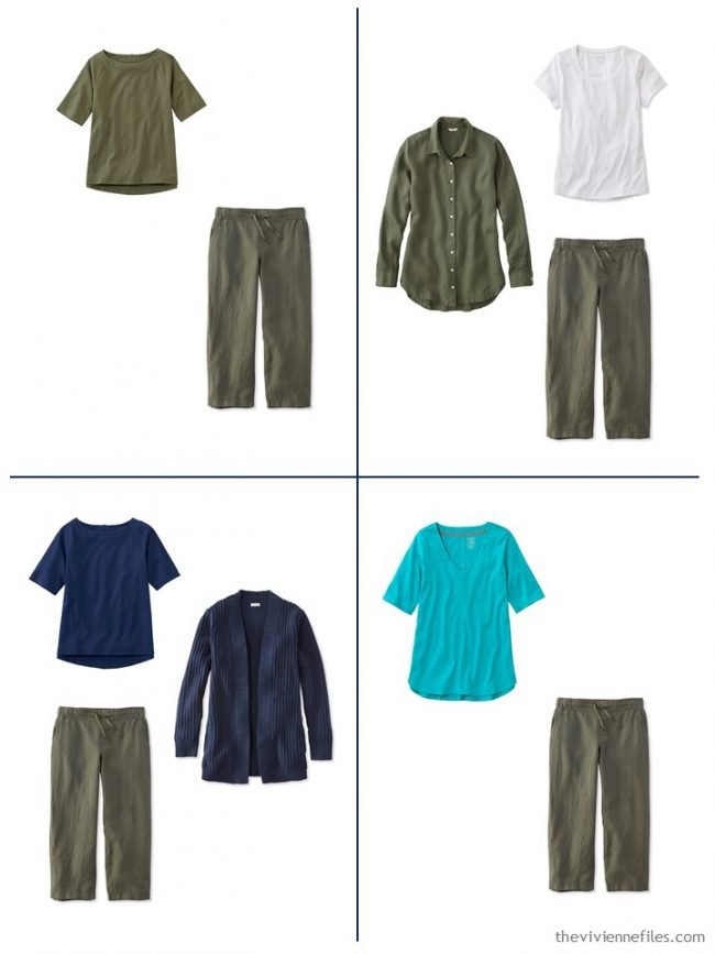 13. 4 outfits from a streamlined wardrobe in navy, olive and turquoise