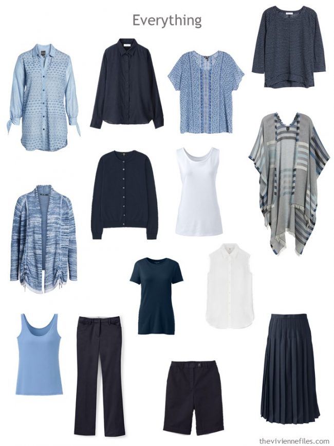  14-piece travel capsule wardrobe in navy, white and sky blue