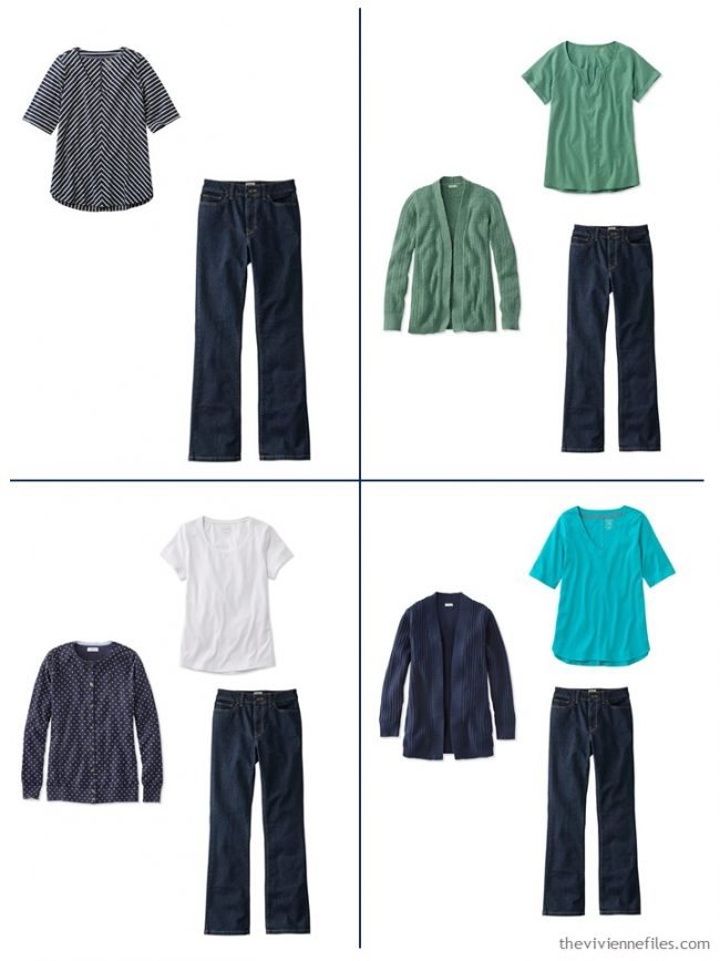 14. 4 outfits from a streamlined wardrobe in navy, olive and turquoise