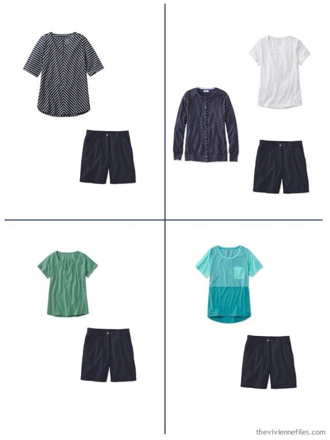 16. 4 outfits from a streamlined wardrobe in navy, olive and turquoise