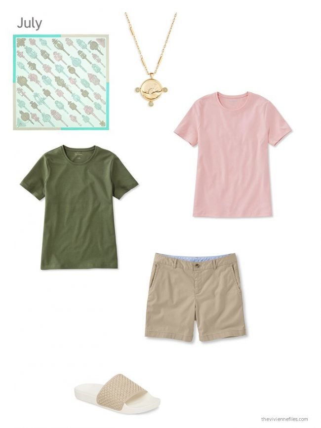 16. olive tee, blush tee, and khaki shorts