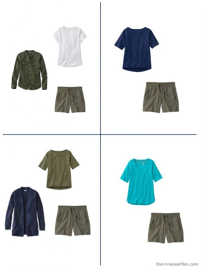 17. 4 outfits from a streamlined wardrobe in navy, olive and turquoise