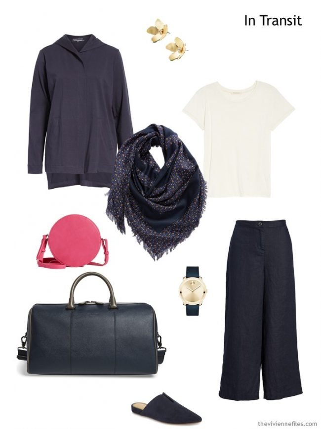 travel outfit in navy and bone with hot pink accents