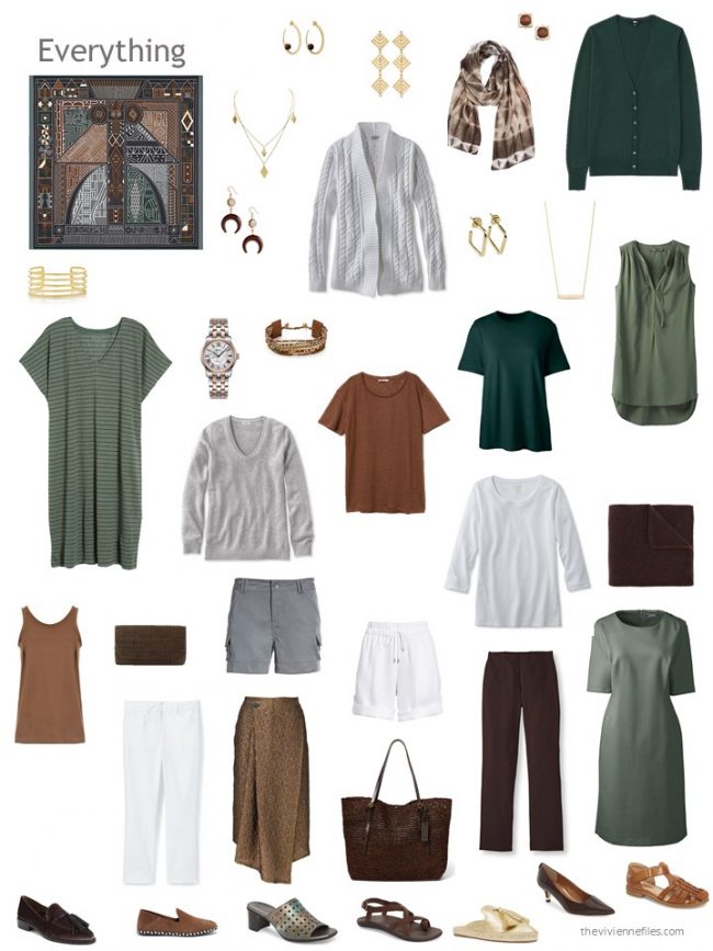 27. capsule wardrobe based on a brown, green and grey Hermes scarf