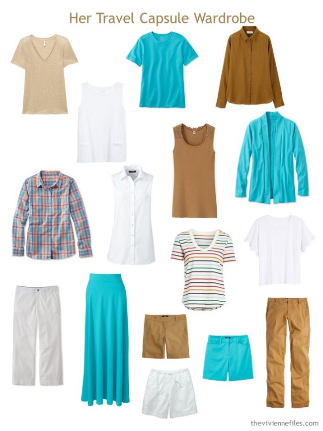 4 16-piece travel capsule wardrobe in turquoise, rust brown and white