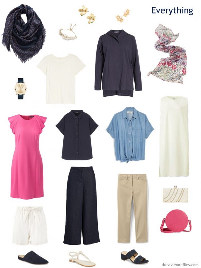 travel capsule wardrobe in navy and ivory