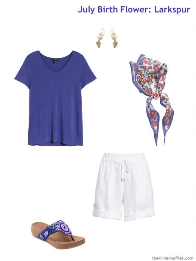 6. a purple tee shirt with white shorts