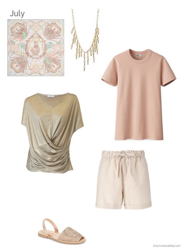 6. gold and blush tee shirts with neutral shorts