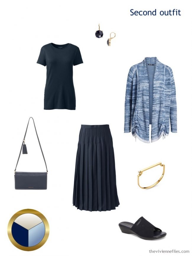 6. navy tee and skirt with blue cardigan