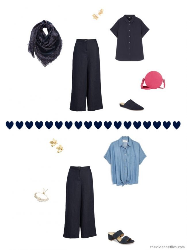 2 ways to wear navy linen pants from a travel capsule wardrobe