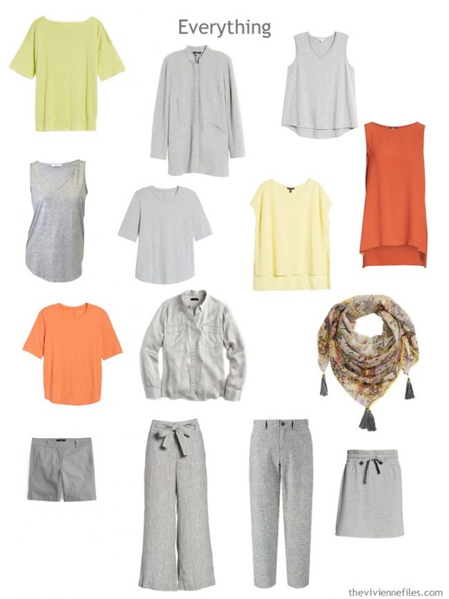 7. A travel capsule wardrobe in grey with yellow, orange and yellow