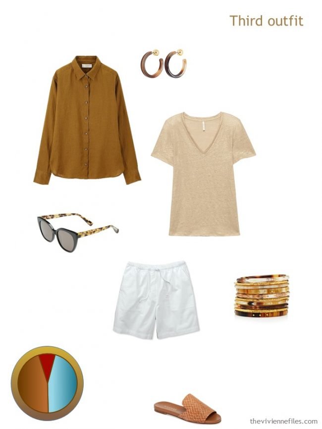 7. brown, gold and white outfit from a travel capsule wardrobe