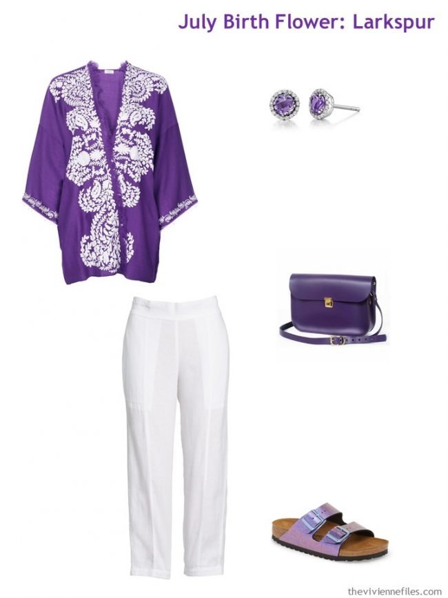 7. purple tunic with white linen pants