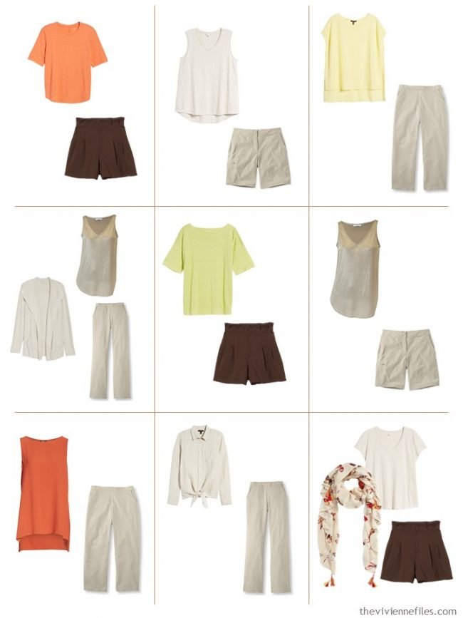 8. 9 outfits from a beige with citrus accents travel capsule wardrobe