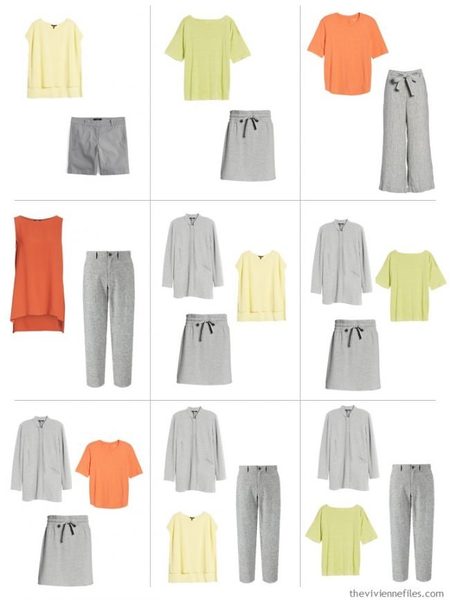 8. 9 outfits from a travel capsule wardrobe in grey with citrus accent colors