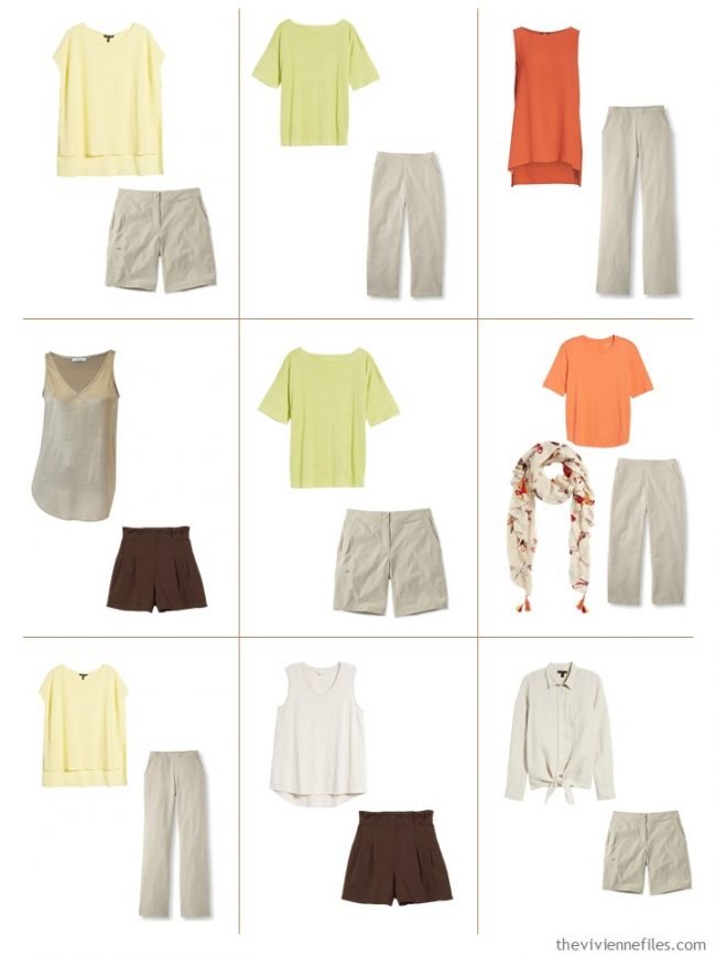 9. 9 outfits from a beige, green, orange and yellow travel capsule wardrobe