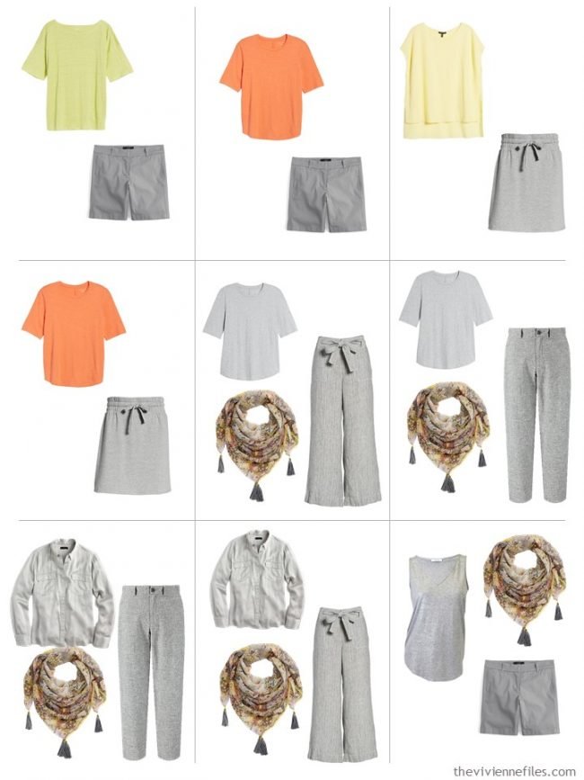 9. 9 outfits from a travel capsule wardrobe in grey with orange, yellow and green accent colors